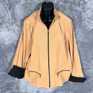 JM Collection Womens Jacket Size 12 Tan Black Faux Suede Full Zip Stretch